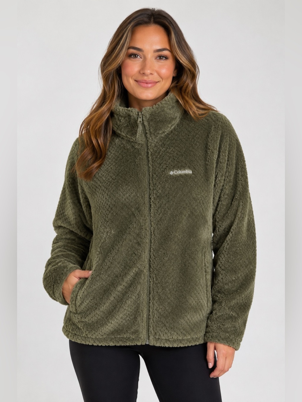 Columbia Beech Forest Plush Fleece Full Zip Jacket Olive Green XL Cozy Pockets